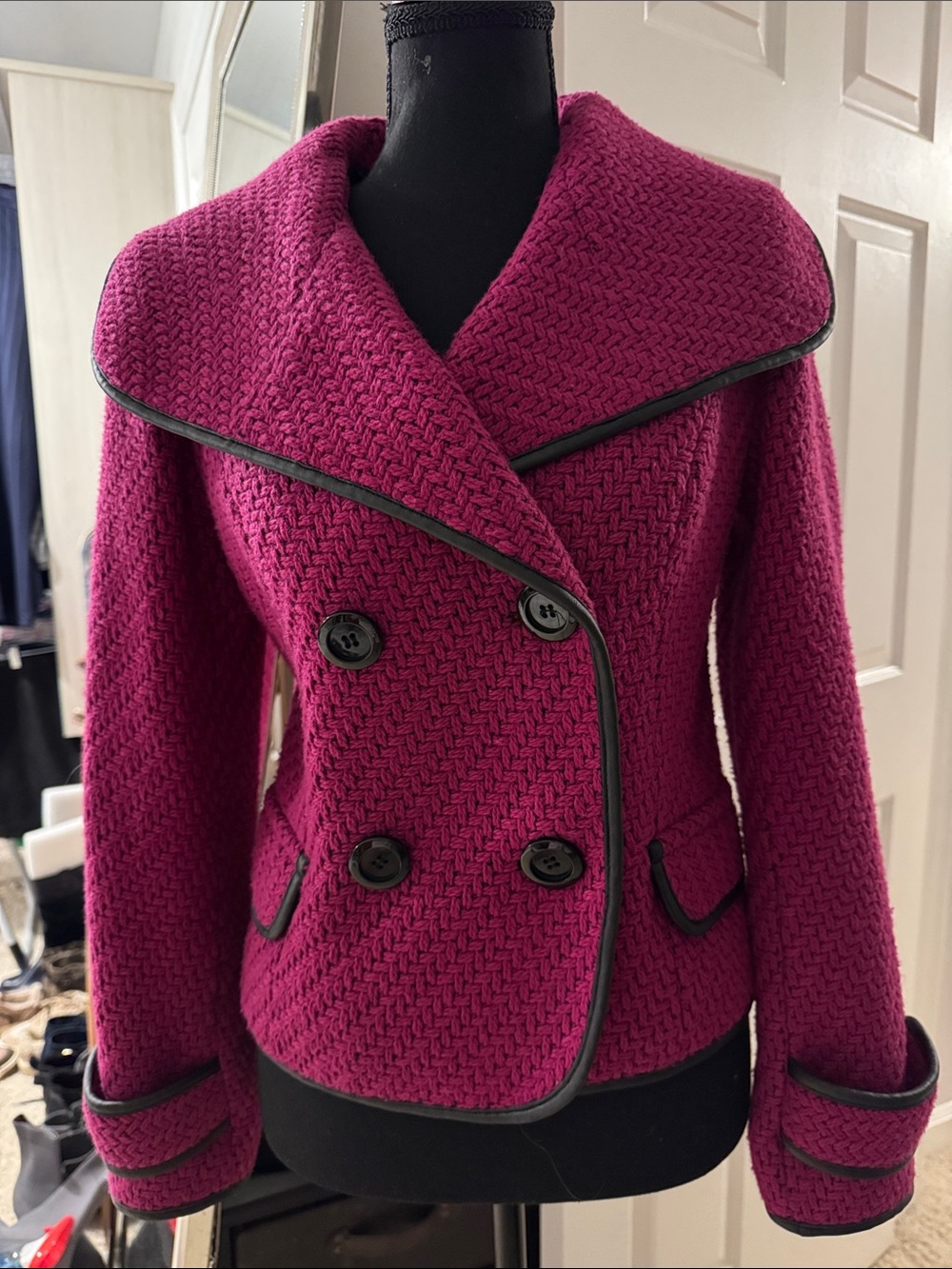 Kensie Double-Breasted Textured Blazer in Magenta with Black Trim